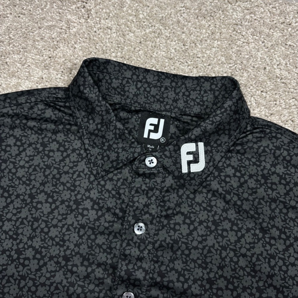 FootJoy Tour Issued Mens XL Golf Polo Shirt Black Floral Tonal Print FJ Logo